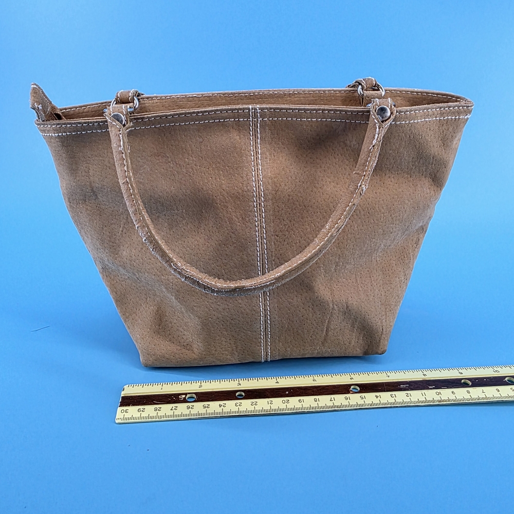 Tan Suede Tote‎ Bag Contrast Stitching Zip Top Small Handbag Brown